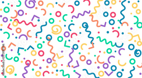 Abstract memphis style pattern with colorful geometric shapes and squiggly lines on transparent background.