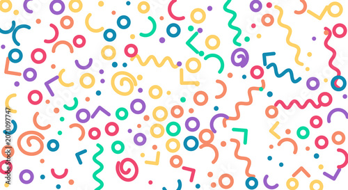 Seamless pattern of confetti and streamers on a transparent grid, festive background element.