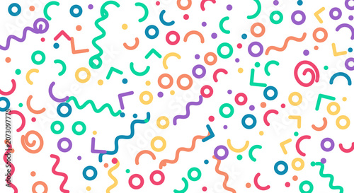 Seamless geometric memphis pattern with colorful abstract shapes and lines over transparent background.
