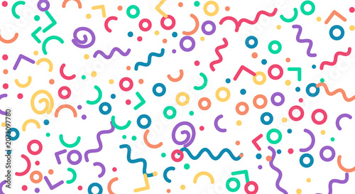 Colorful memphis pattern with various geometric figures and lines isolated on transparent background.