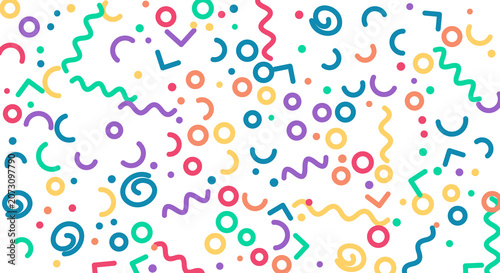 Vibrant memphis style geometric pattern with abstract shapes and lines on transparent background.
