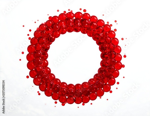 A circular arrangement of red, shiny, reflective spheres forming a wreath-like pattern on a white background