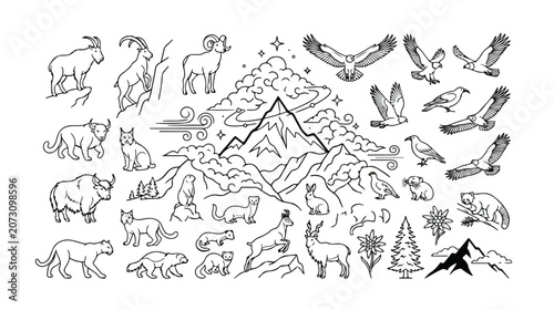 Mountain wildlife vector collection, hand-drawn alpine animals and birds, nature-inspired line art illustrations, outdoor adventure graphic resources.