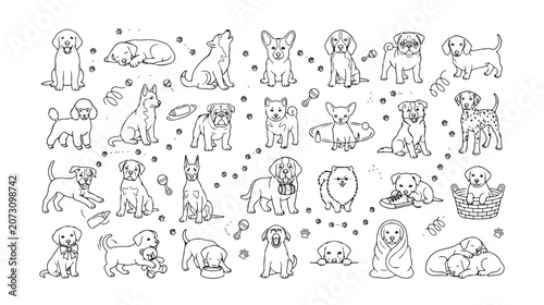 Adorable dog breed vector collection, cute puppy character illustrations, playful canine pet graphics, black and white line art for children's books and animal-themed designs