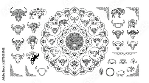 Intricate Buffalo Head Mandala Vector Art, detailed tribal animal skull illustrations, black and white ethnic bull designs, spiritual decorative elements for tattoo or graphic projects