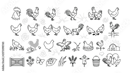 Farm animal vector icon set, hand-drawn chicken and rooster illustrations, rustic poultry and agriculture elements, black and white line art for rural design projects