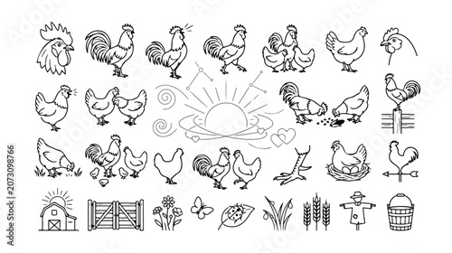 Farm animal vector icon set, black and white line art chicken and rooster illustrations, rustic farm life graphic resources, agricultural design elements.