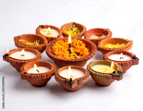 A circular arrangement of small clay lamps with lit candles and a central bowl filled with flower petals