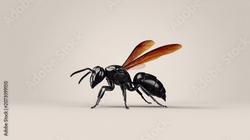 Robotic insect with metallic body and transparent wings in fine detail