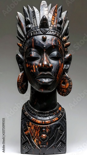 A black bust sculpture of a woman with orange accents and tribal patterns