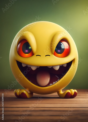 Silly Monster Face: A comical, yellow monster with wide eyes and a mischievous grin peeks from behind a wooden surface, its exaggerated features creating a sense of playful mischief.