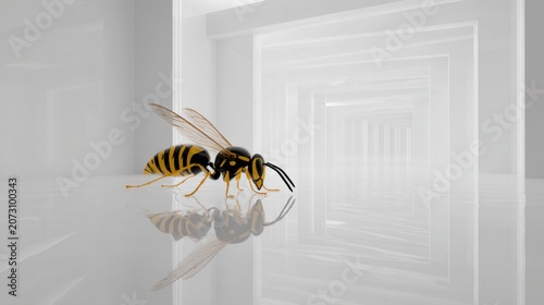 Close-Up of a Yellow Black Insect on Reflective Surface in White Space