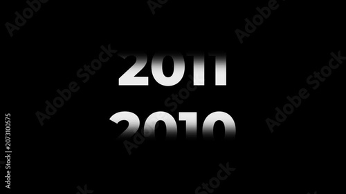 Reverse 17 year counter animation scrolling back from 2027 to 2010. White 3D text on black background. Going back in time flashback and history timeline motion graphics concept.