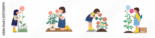 Foto Set of flat illustrations of a young girl gardening, smelling flowers, and watering plants in a garden setting