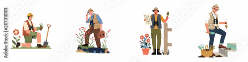 Konstfotografi Set of illustrations showing male botanists and naturalists exploring nature, studying plants, and gardening in the outdoors