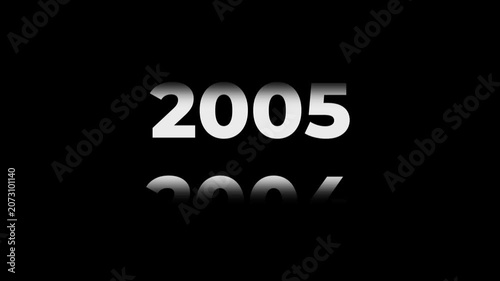 Reverse 23 year counter animation scrolling back from 2027 to 2004. White 3D text on black background. Going back in time flashback and history timeline motion graphics concept.