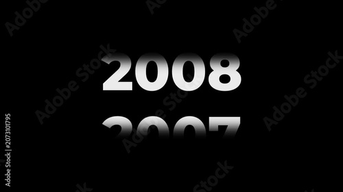 Reverse 20 year counter animation scrolling back from 2027 to 2007. White 3D text on black background. Going back in time flashback and history timeline motion graphics concept.