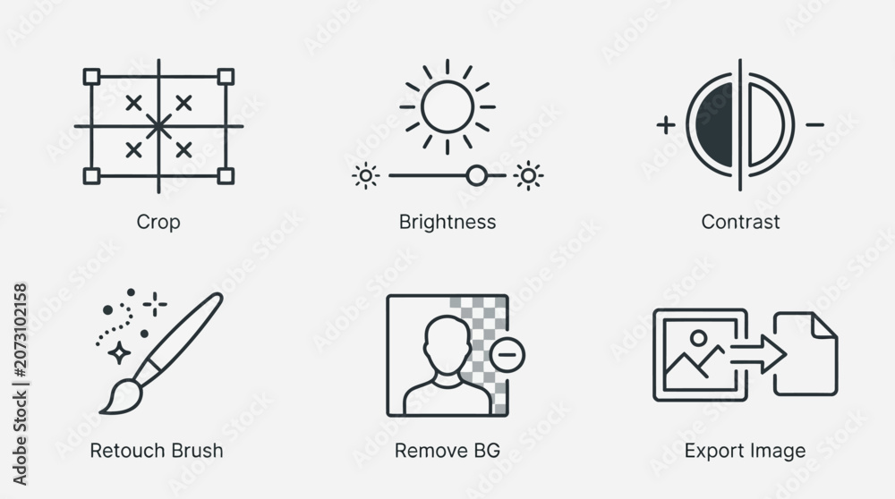 Fototapeta premium Essential photo and image editing vector icon set featuring tools for cropping brightness contrast adjustment retouching background removal and professional graphic export workflow.