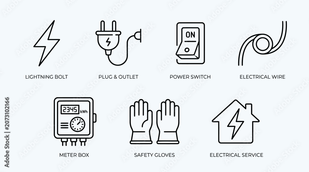 Fototapeta premium Electrical service and power safety icon set including lightning bolt plug outlet power switch electrical wire meter box safety gloves and house service for industrial maintenance and utility.