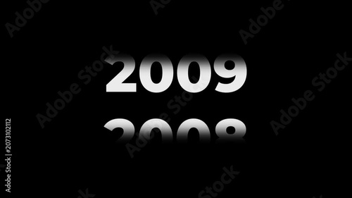 Reverse 19 year counter animation scrolling back from 2027 to 2008. White 3D text on black background. Going back in time flashback and history timeline motion graphics concept.