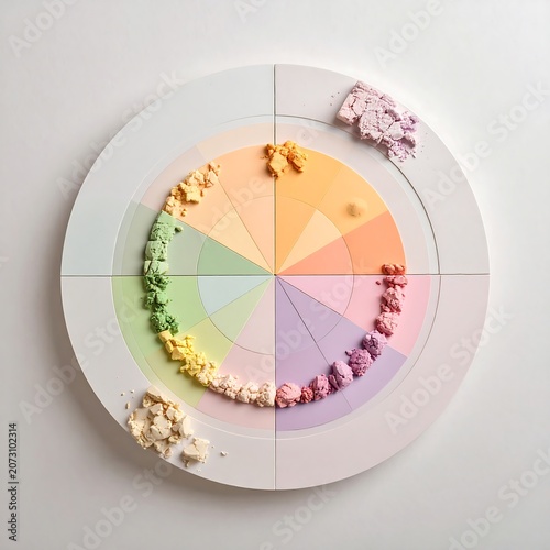 A circular color palette with pastel hues and assorted popcorn pieces arranged in a gradient pattern