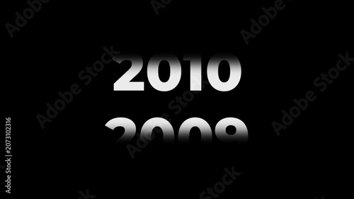 Reverse 18 year counter animation scrolling back from 2027 to 2009. White 3D text on black background. Going back in time flashback and history timeline motion graphics concept.