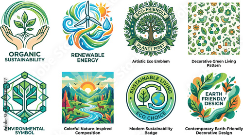 Cuadro en lienzo Set of sustainable and eco-friendly icons representing renewable energy, environ