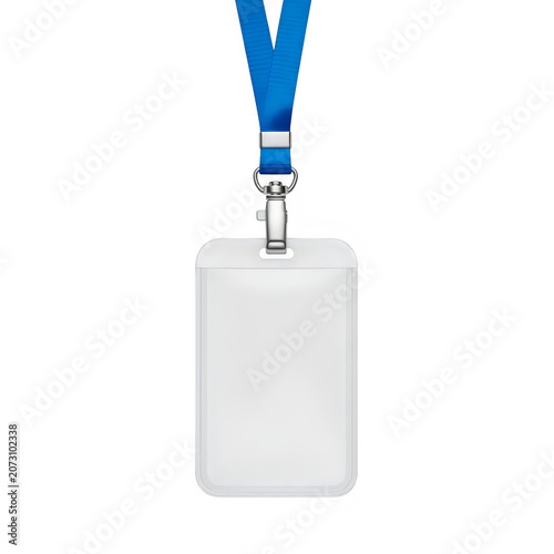 A white badge holder with a blue lanyard