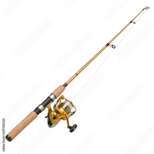 A fishing rod with a gold spinning reel