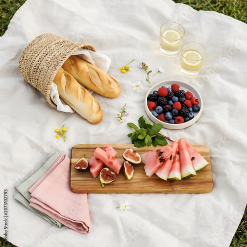 Outdoor Picnic Setting with Baguette Watermelon Figs and Berries on White Blanket.