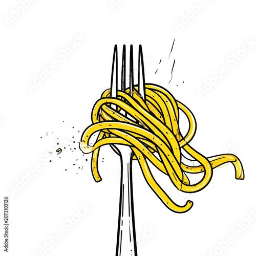 Valokuva A fork impales a mound of yellow spaghetti, with black outline and splatters, on