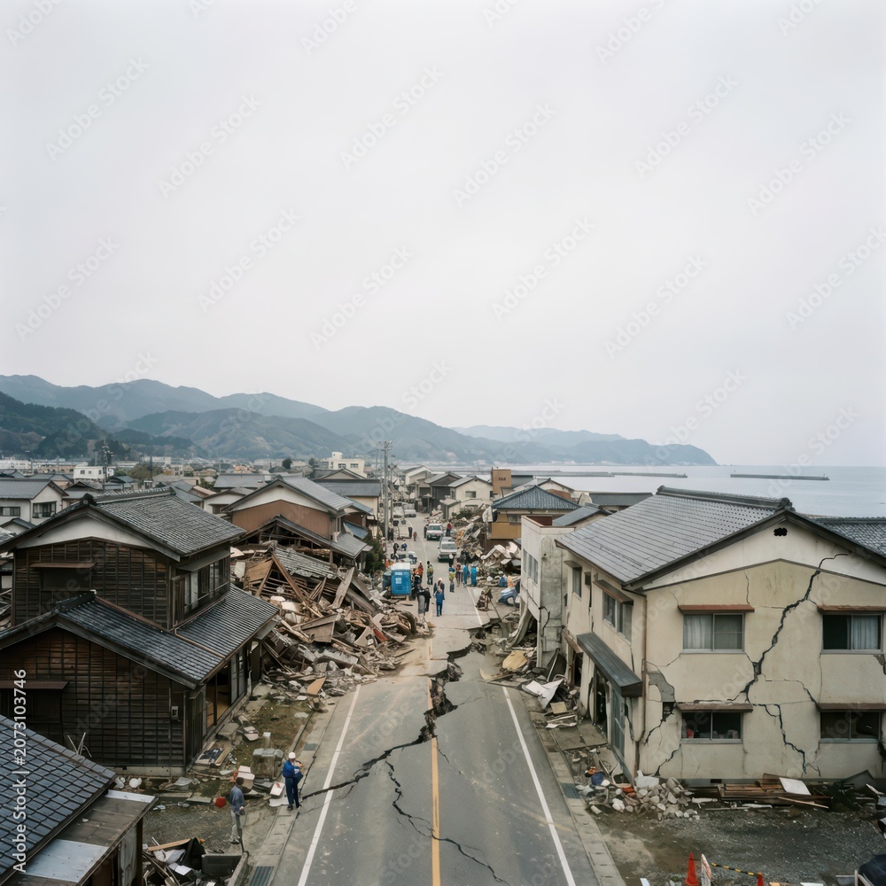 Fototapeta premium Asian village road after destructive earthquake. Broken wooden houses with cracks in walls and collapsed structures. Natural disaster consequences, rural landscape damage and tragedy.
