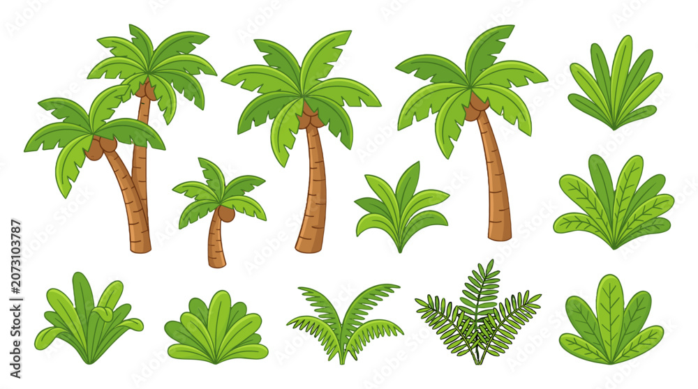 Obraz premium Cartoon tropical palm trees and jungle plants set