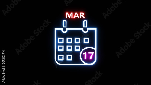 Tableau sur toile Neon calendar icon showing march 17th date on dark background with glowing lights