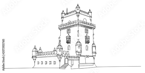 Fotografie Belem Tower historic fortification in Lisbon Portugal continuous line art