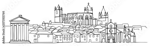 Cuadro en lienzo Evora city skyline with Roman temple and cathedral in continuous line art style