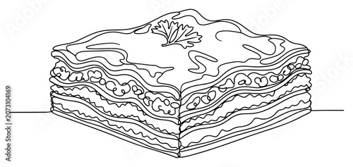 Fotografi Lasagna portion with layered pasta and parsley on top in continuous line art sty