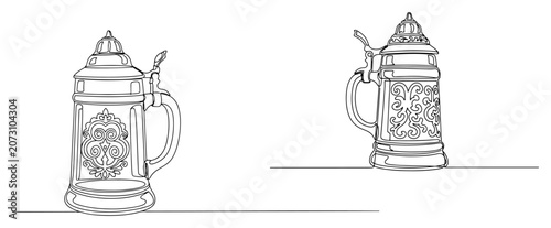Konstfotografi Traditional German beer steins with ornate lids in continuous line art style