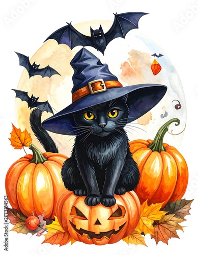 A black cat in a witch's hat sits on a jack-o'-lantern surrounded by pumpkins, leaves, and bats
