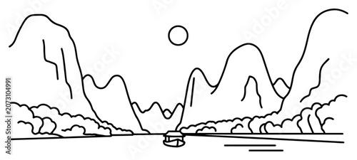 Принти на полотні Karst mountains of Guilin along the Li River with a small boat in continuous lin