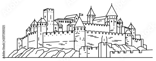 Fényképezés Medieval stone castle with towers and defensive walls in continuous line art sty