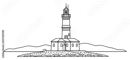 Schilderij op canvas Lighthouse standing on a rocky peninsula with hills in continuous line art style