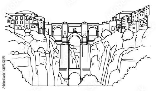 Fotografie Puente Nuevo bridge spanning El Tajo gorge in Ronda Spain in continuous line art