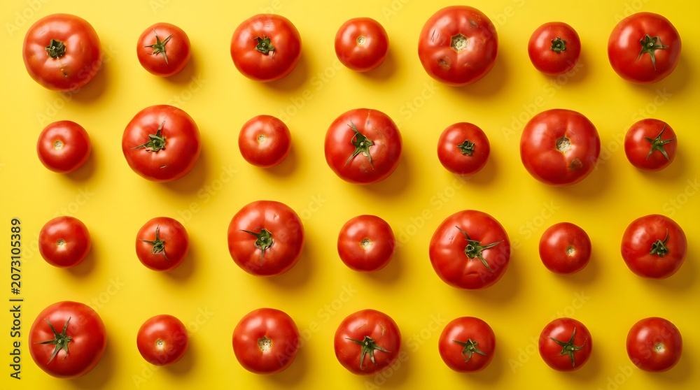 Fototapeta premium Top Down View of Fresh Red Tomatoes Arranged in a Pattern on a Vibrant Yellow Surface