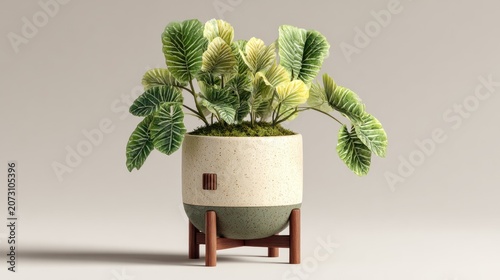 Elegant potted plant with lush green leaves and stylish wooden stand.