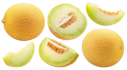 Collection of galia melon and melon slices with juicy yellow-green flesh isolated on white background. Cut out PNG file.
