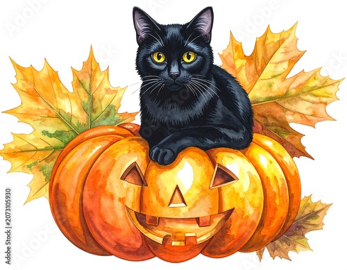 A black cat sits on a jack-o'-lantern surrounded by autumn leaves