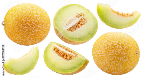 Vászonkép Collection of galia melon and melon slices with juicy yellow-green flesh isolated on white background
