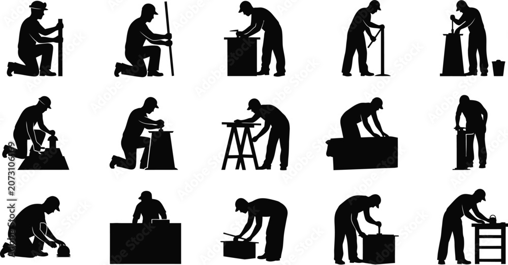Obraz premium Industrial worker silhouette collection performing construction maintenance and manual labor black vector illustration isolated on white background design set