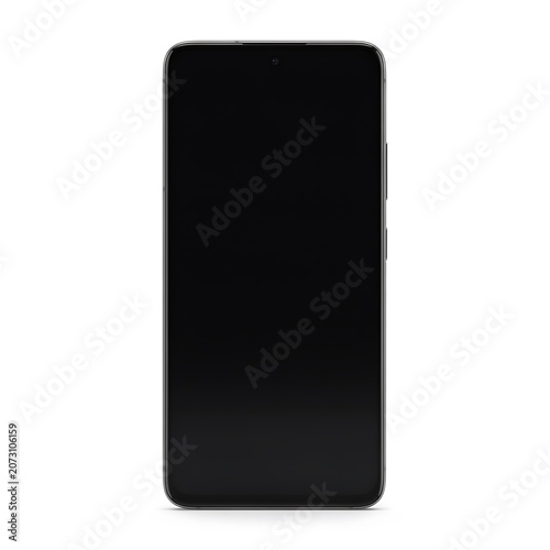  Front View of Modern Smartphone Mockup with Black Screen Isolated on White Background.